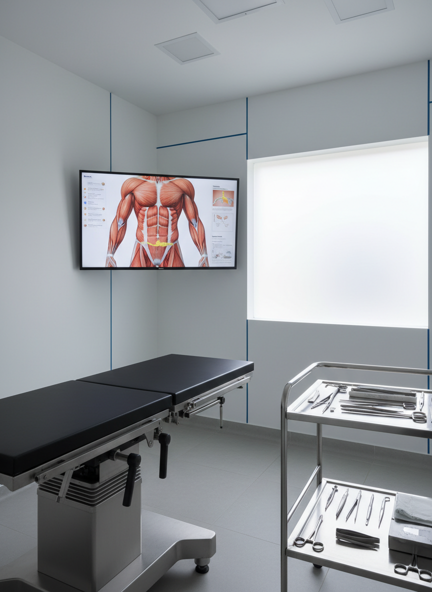 A modern surgical consultation room in Brasília, featuring a spotless stainless-steel examination table beside a large, wall-mounted high-resolution monitor displaying a detailed 3D rendering of the abdominal wall, clearly showing a hernia and diastasis recti anatomy in natural colors. The space is framed by white walls with subtle blue accents and neatly organized surgical instruments resting on a brushed metal trolley. Soft, diffused daylight enters through a frosted window, creating gentle reflections on metallic surfaces and a calm, clinical atmosphere. Photographic realism at eye level, with sharp focus throughout and a balanced composition that feels professional, reassuring, and highly organized, emphasizing precision bariatric and metabolic care without any human presence.