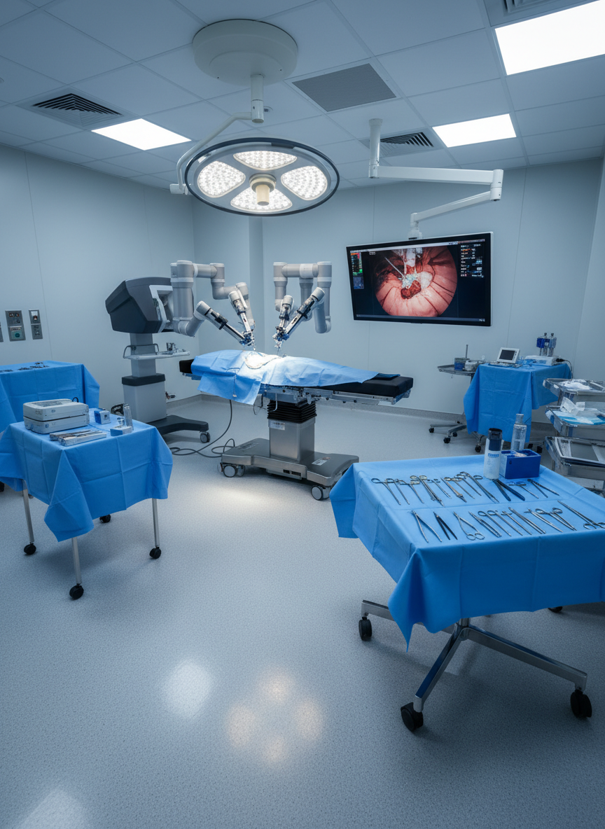 An immaculate operating room centered on a state-of-the-art robotic surgery system, its articulated arms poised over a covered operating table, with a prominent console screen displaying a close-up, color-accurate view of minimally invasive abdominal surgery. The floor is polished light-gray epoxy, subtly reflecting cool-toned overhead surgical lights that cast even, shadow-free illumination. Around the room, neatly arranged laparoscopic instruments and bariatric stapling devices rest on sterile blue-draped tables. The mood is ultra-professional and technologically advanced, conveyed through photographic realism, shot from a slightly elevated angle with wide depth of field, highlighting the clean lines, soft blue and white palette, and the quiet confidence of a high-level robotic bariatric and hernia surgery environment, with no people present.