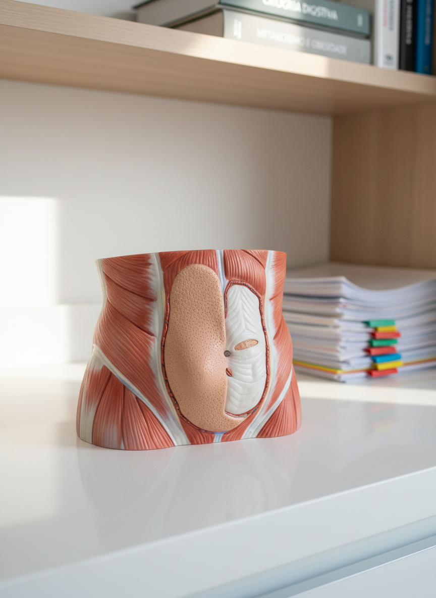 A close-up, photographic realism shot of a clean, silicone anatomical abdominal model on a white clinical countertop, clearly illustrating hernia and diastasis recti along the midline, with textured, realistic layers of muscle, fascia, and skin in natural hues. Behind it, blurred in the background, medical reference books in Portuguese and neatly stacked patient files labeled with discrete color-coded tabs sit on a light wood shelf, suggesting a specialized digestive and metabolic surgery practice. Soft, indirect daylight combined with a warm overhead panel light creates gentle highlights on the model’s surface and a calm, focused atmosphere. Captured at eye level using shallow depth of field, the composition draws attention to the detailed anatomy, evoking precision, education, and trust without any human figures.